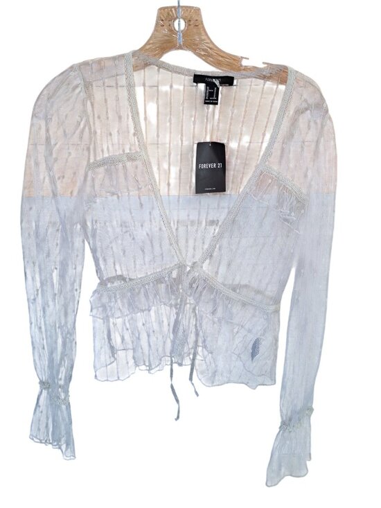 Forever 21 Tops - New Med Sheer White Polka Dot Mesh Wrap Top Ruffle Hem Elastic Cuffs Cottage